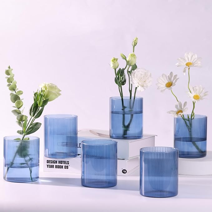 Glass Ribbed Cylinder Vase Set of 6,Bud Vase for Wedding Centerpieces,Clear Ribbed Glass Flower Vases Bulk,Hurricane Floating Candle Holder 4 Inch,Decorative Vases for Home Decor(Blue)
