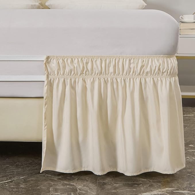MEILA Wrap Around Elastic Bed Skirt for Queen & King Beds, 12" Drop, Beige | Three-Side Adjustable Elastic Dust Ruffle, Ruffled Polyester Fabric, Easy to Install, Fade Resistant & Machine Washable