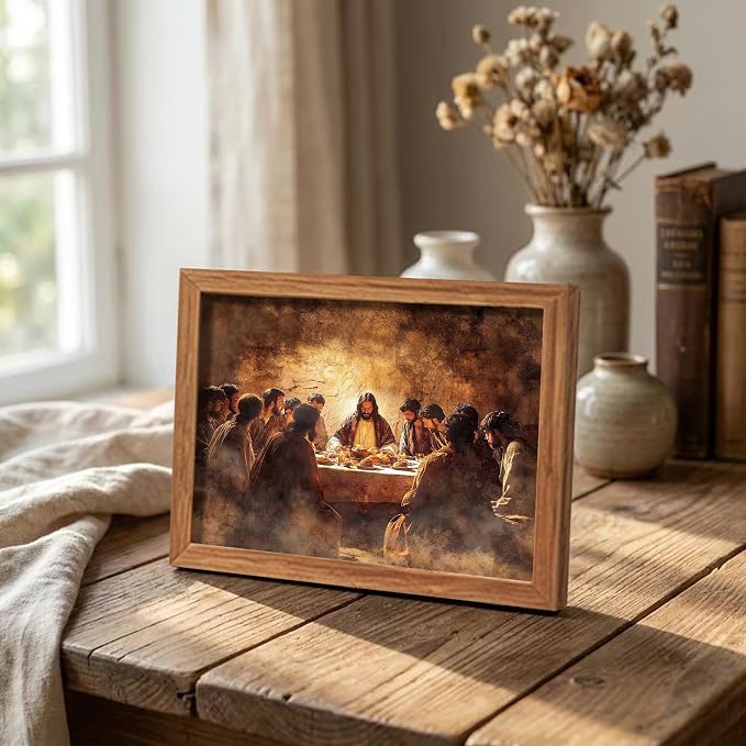 AUUAUU The Last Supper Wall Art, Wood Framed Jesus Religious Canvas Painting, Vintage Christian Wall Decor for Living Room Bedroom, 8x10 Inches Ready to Hang
