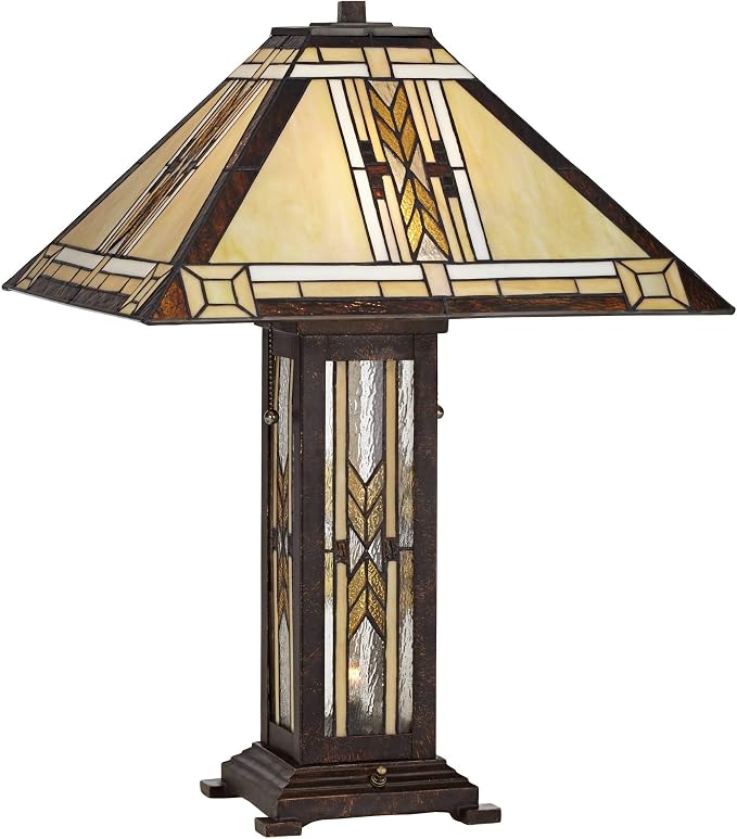 Franklin Iron Works Drake Mission Collection 25 1/2" High Tiffany-Style Farmhouse Rustic Southwestern Table Lamp Night Light Pull Chain Yellow Brown Art Glass Single Living Room Bedroom Bedside