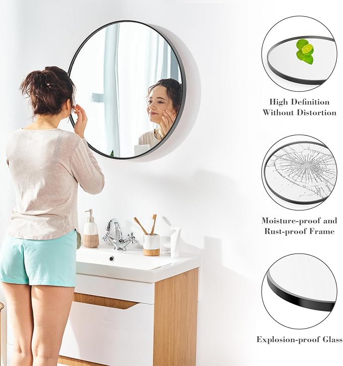 NEWBULIG 30 Inch Round Bathroom Mirror, Wall Mount Vanity Mirror | Circle Mirror for Over Sink, Matte Metal Frame, Entryway Decor, Bedroom Decor, Black