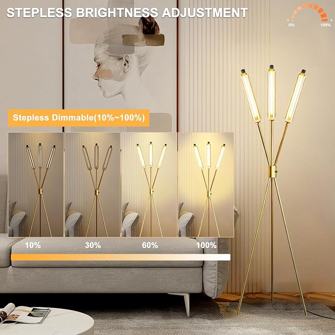 Lightdot LED Tripod Floor Lamps for Living Room, Stepless Dimmable Modern Standing Tall Lamp with 360° LED LampHead,Mid Century Industrial Floor Lamp for Bedroom/Sofa Beside/Corner Decor-Gold