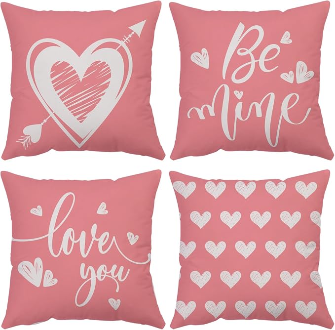 YeeJu Happy Valentines Day Pillow Covers 18x18 Set of 4 Pink Love Heart Kisses Hugs Throw Pillow Cases Velvet Wedding Anniversary Cushion Covers for Outdoor Couch Sofa Decoration(18 Inch)