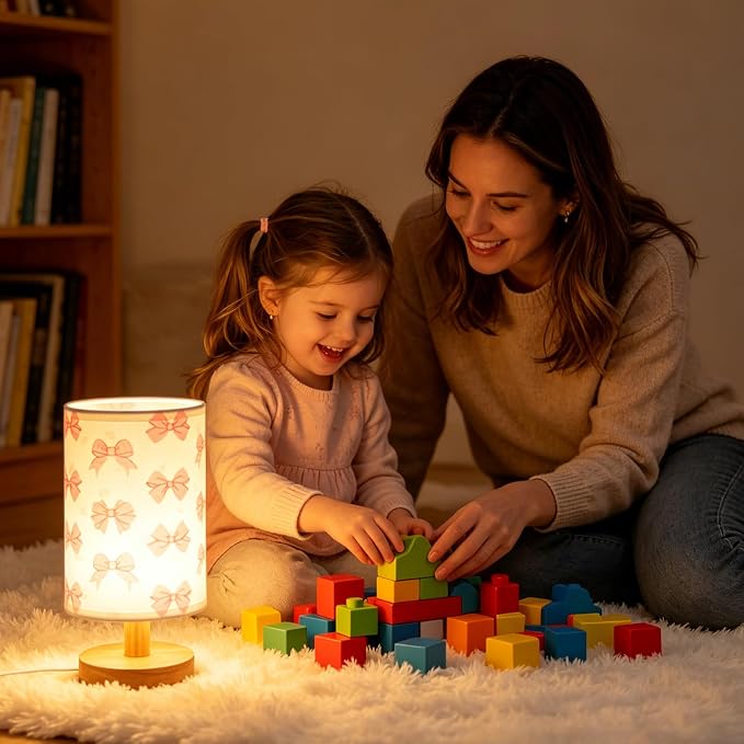 Pink Bow Bedside Table Lamp for Bedroom,Kids Room Decorative Lights 3 Colors LED Nightstand Night Light Lamps with Linen Lampshade Desk Lamp for Girls Boys Birthday Gifts for Home Living room Decor