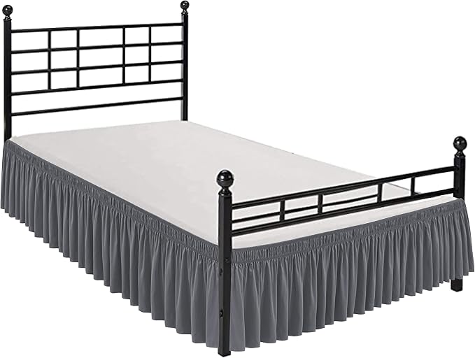 Wrap Around King Size Bed Skirt Split Corner 17" Drop-Elastic Dust Ruffle | Dark Grey Adjustable Pleated Bedskirt-Easy Fit Wrinkle Resistant Washable Bed Skirting-Master Guest Bedroom Couples Hotels
