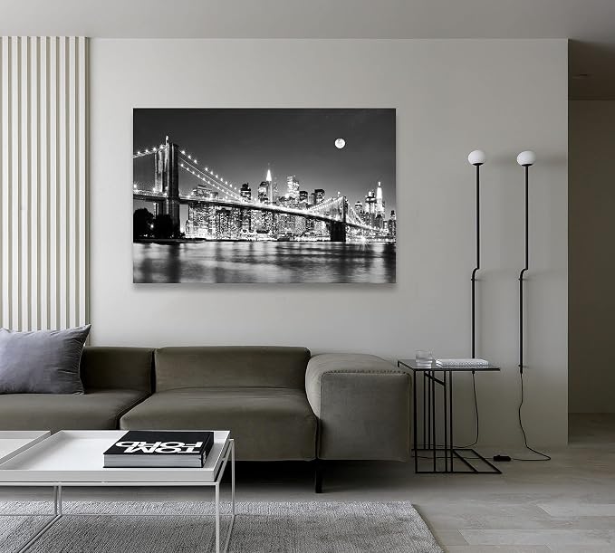 Baisuart-Q30369 Brooklyn Bridge Night View 1 Panels Landscape Artwork Canvas Prints Moon Night New York City Scene Picture Paintings Black and white Wall Art for Oiffce Home Decorations Wall Decor