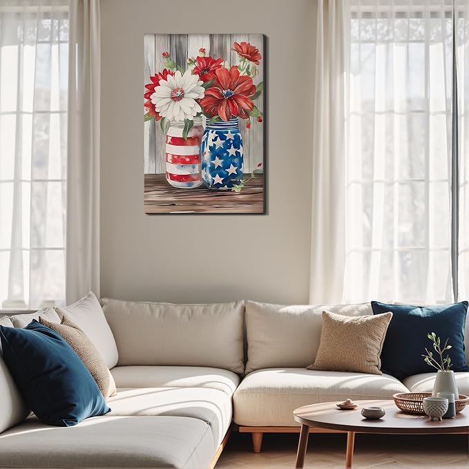 Framed American Flag Mason Jar Flower Wall Art, Patriotic Farmhouse Canvas Art Pictures, USA Flag Wall Decor, Made in USA Ready to Hang for Kitchen Living Room
