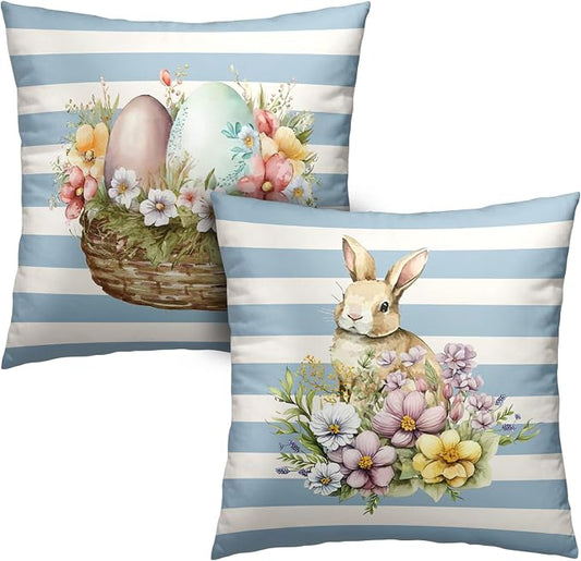 Cute Bunny Easter Pillow Covers 18x18 Set of 2 Egg Rabbit Floral Decorative Throw Pillows Covers Blue and White Striped Pillow Covers Spring Home Decor for Couch Bed