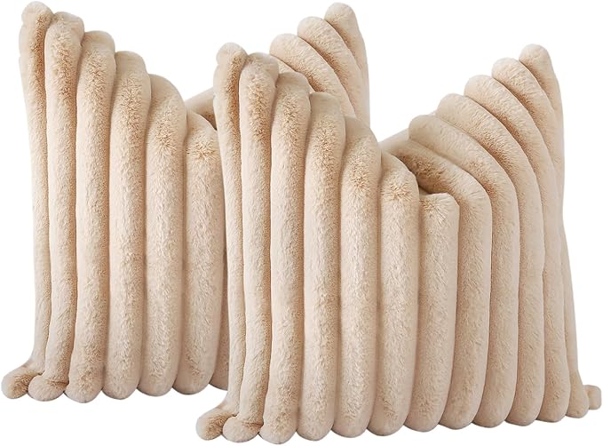 Soleebee Set of 2 Throw Pillow Covers Soft Cozy Velvet Pillowcase Faux Rabbit Fur Cover for Couch Sofa Bed Chair Home Decorative Pillows Cover (20x20 Inch, Camel)
