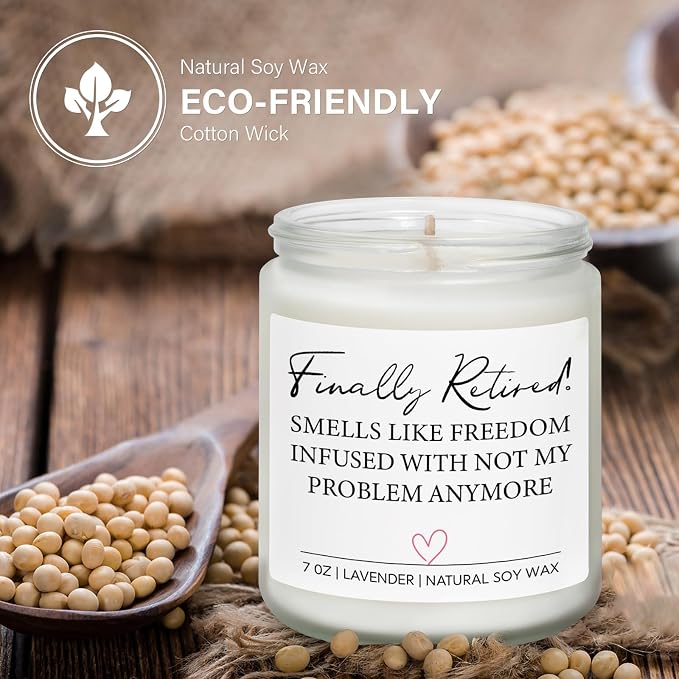 Retirement Gift for Woman, Happy Retirement Candle, Funny Retired Farewell Gifts for Women, Coworkers, Teacher, Nurse, Boss, Friends - Handmade Lavender Natural Soy Wax Candle (7oz)
