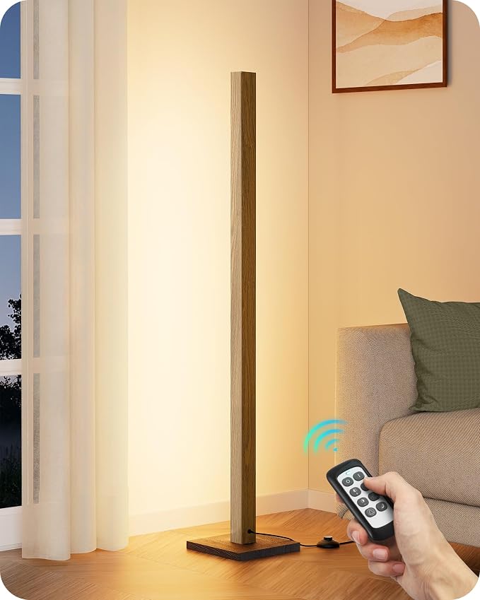 EDISHINE 48.43" Wooden LED Corner Floor Lamp with Remote, Dimmable & 7CCT