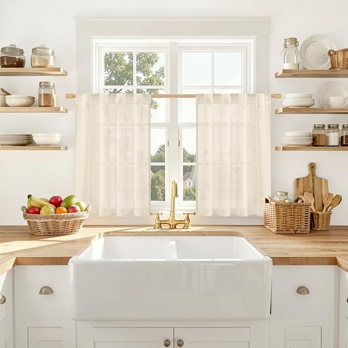 Kitchen Linen Curtains 30 Inch Length for Small Window, 2 Panels | Semi Sheer Light Filtering, Boho, Curtains for Cafe, Bathroom, Basement, Back Tab Rod Pocket Panels, Linen, 34 x 30 Inch