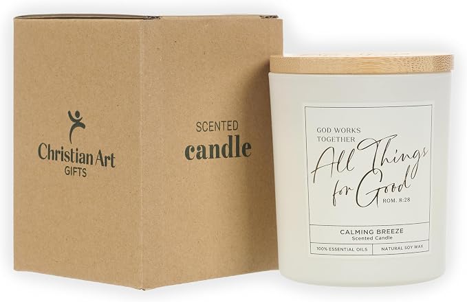 Christian Art Gifts Soy Wax Scented Candle: Romans 8:28 Bible Verse