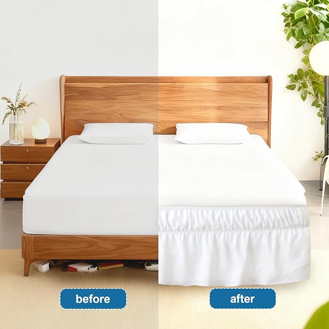 Twin Bed Skirt with Elastic Strap, Wrap Around Dust Ruffle with 16" Drop | Easy to Install on Bed Bases & Frames, Wrinkle-free, Machine Washable, Hotel Quality, White