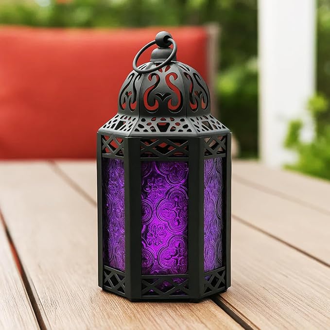 Vela Lanterns Decorative Indoor Moroccan Candle Holder Lamp, Purple, S | Gothic Home Decor, Whimsigoth Iron Goth Lamp, Hanging Witch Bedroom, Halloween Centerpiece, 8.5" Tall