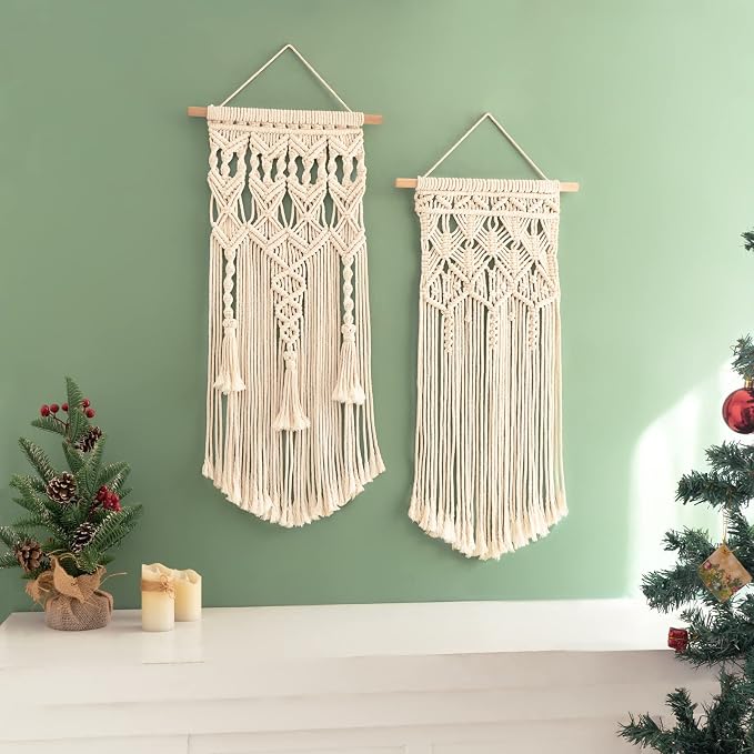 Mkono 2 Pcs Macrame Wall Hanging, Boho Woven Chic Tapestry Decor, Ivory