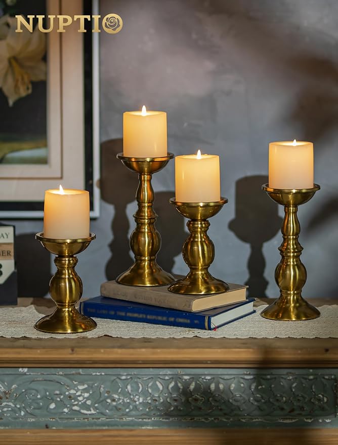 NUPTIO Pillar Candle Holder Brass: Gold Tall Candles Stand for 3" Pillars