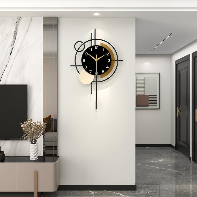 Large Wall Clock for Living Room Decor Modern Wall Clock Pendulum | Analog Silent Quartz Battery Operated Metal Decorative Clock for Dining Room,Kitchen,Home,Bathroom,Bedroom,Black 17.7x27.3 in