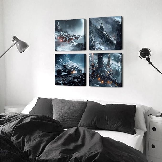 4Pcs Outer Space Room Decor for Boys Alien Planet Astronaut Wall Decor Galaxy Picture Marvel Room Canvas Painting Cosmic Poster Science Fiction Artwork Living Room Modern Home Decoration 16x16"