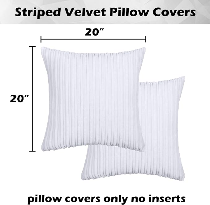 Kevin Textile Striped Corduroy 20”x20” Pillow Covers 2 Pack, Pure White