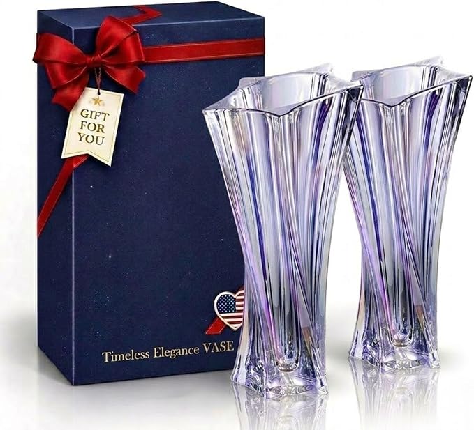 Crystal Glass Vase – Heavy Crystal Vase for Flowers with Weighted Bottom, Thick Durable Decorative Vases for Modern Home Decor, 9.8″ 3.5lb Clear Centerpiece (Rainbow-Colored X 2)