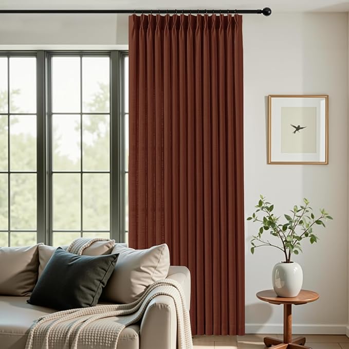 102 Inch Linen Pinch Pleated Sheer Linen Blend Curtains for Living Room | Light Filtering, Bedroom, Semi Sheer, Pinch Pleat, Linen Blend, Hook Rings, High Ceiling Curtains, Chestnut Brown, 2 Panels