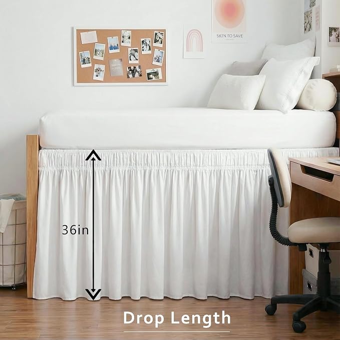 MIYE Dorm Bed Skirt, Extra Long Dust Ruffle with Elastic Adjustable Belts, Easy to Put On, Machine Washable (Classic/White, Twin/TwinXL-36 Drop)