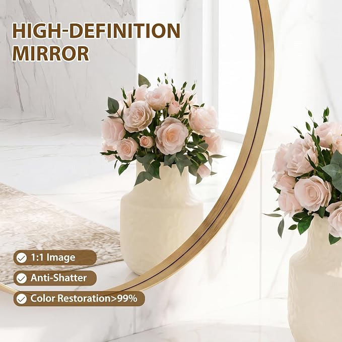 NEWBULIG 20-Inch Round Wall Mirror, Bathroom Wall Circle Mirror | Metal Frame, Bathroom Decor for Entryway, Living Room, Vanity, Gold