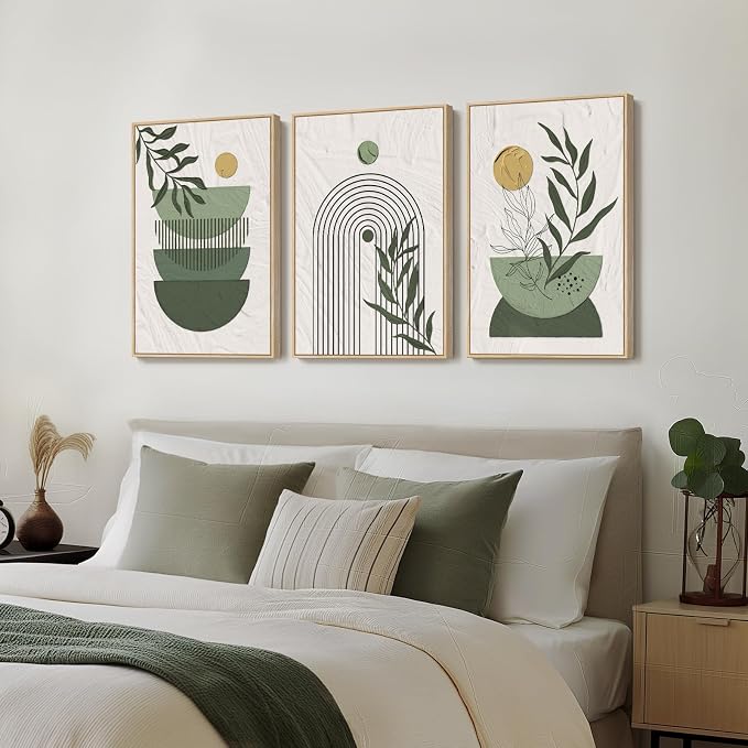 Large Framed Sage Green Boho Abstract Wall Art for Living Room, 24x36 Inch | Bohemian, Canvas prints, Large, Botanical leaf, 3 piece, Minimalist, Mid century modern, Geometric, Wall decor for bedroom