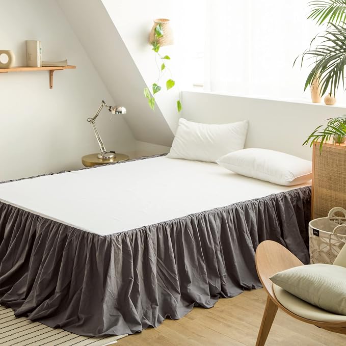 BISELINA French Linen Bed Skirt with Pleated Frills 22-Inch Tailored Drop Natural Flax Cotton Blend Dust Ruffle Soft Cozy Farmhouse Bedding (22" King, Ruffle Dark Grey)