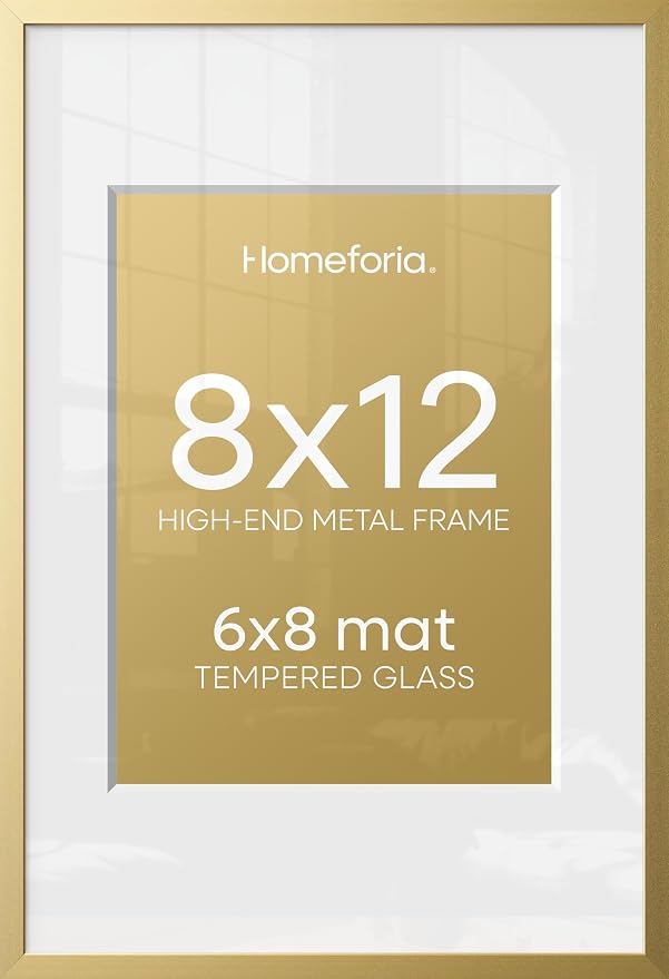 Homeforia 8x12 Gold Picture Frame, High-End Metal, 6x8 Mat, Glass