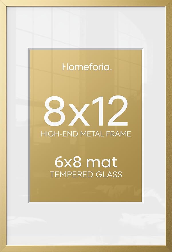 Homeforia 8x12 Gold Picture Frame, High-End Metal, 6x8 Mat, Glass