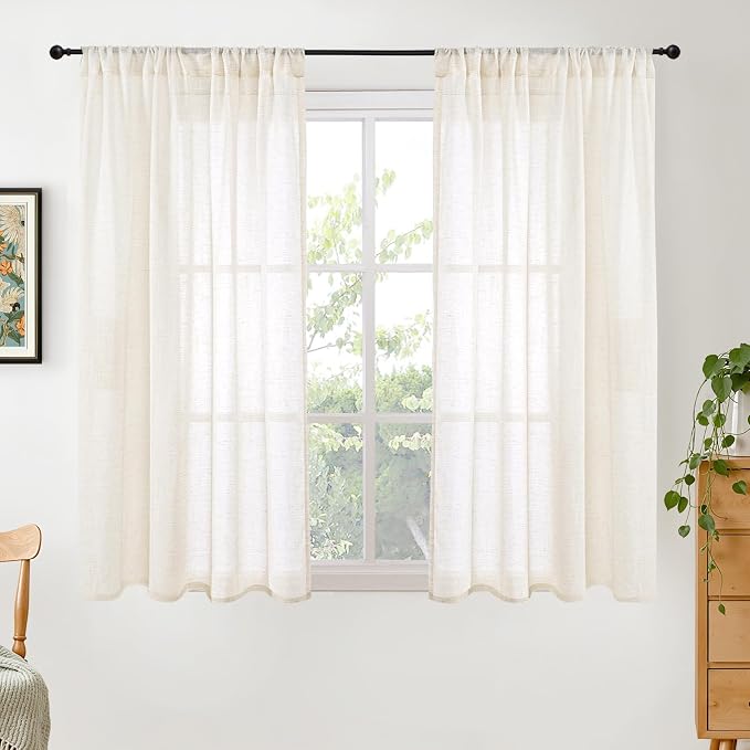 BGment Ivory Linen Curtains 45 Inches Long for Short Bedroom - Semi Sheer Light Filtering Window Drapes with Rod Pocket Textured Lightweight for Dining Living Room, 2 Panels Set, Each 42 Inch Wide