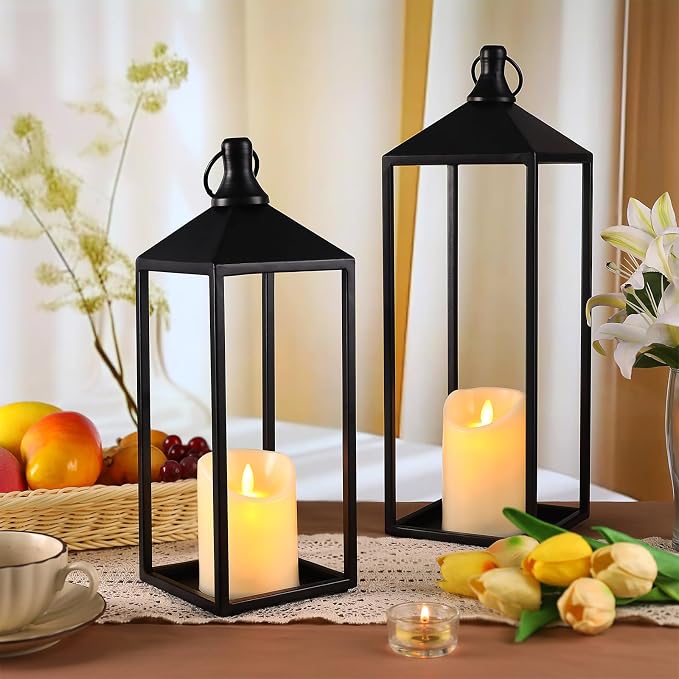 Lanterns Decorative Outdoor Indoor, 17" 13" Set of 2 Black Candle Lanterns | No Glass Metal Outdoor Lantern for Porch, Patio, Mantel, Fireplace, Home Decor, Modern Farmhouse Lantern Decor