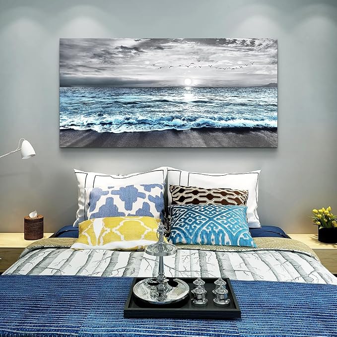 Wapluam Large Wall Decor For Living Room Canvas Wall Art For Bedroom Office Wall Decorations Black And White Painting Blue Sea Wave Pictures Artwork For Modern Stretched and Framed Beach Posters