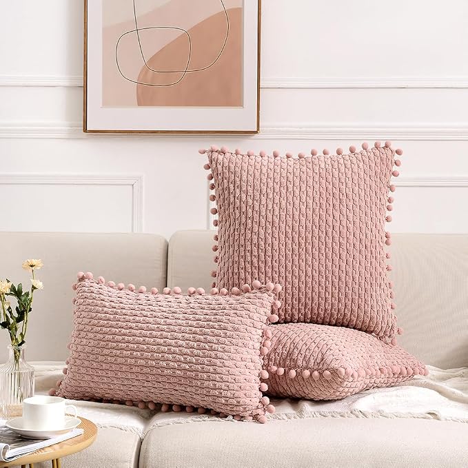 Fancy Homi 2 Packs Dusty Pink Decorative Throw Pillow Covers 16x16 Inch with Pom-poms for Couch Bed Sofa, Modern Farmhouse Boho Home Decor, Soft Cute Plush Corduroy Blush Cushion Case 40x40 CM
