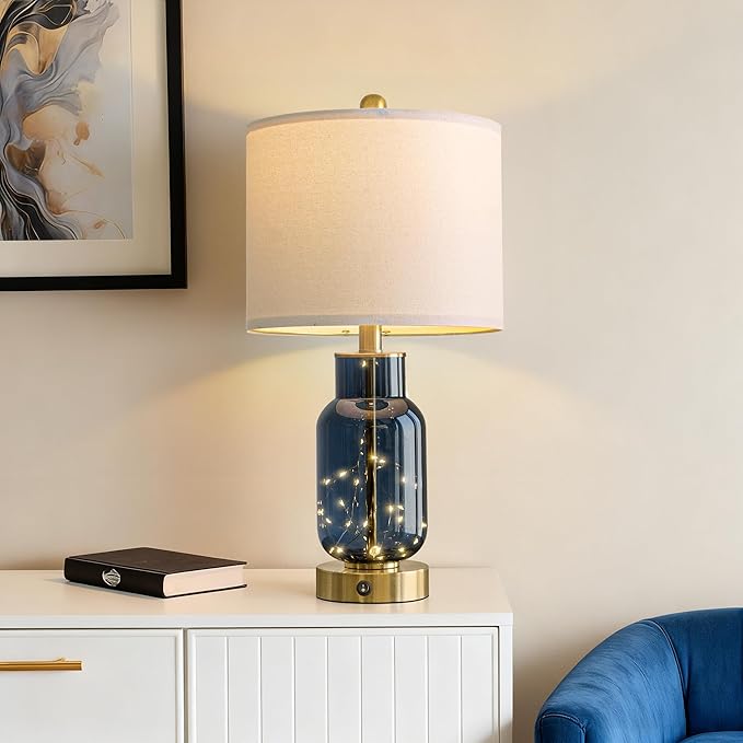 Oneach 22" Glass Table Lamps Set of 2 with LED Nightlight for Bedroom, Blue