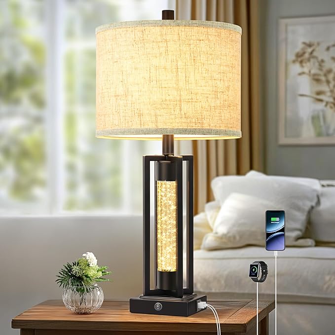 TOBUSA 26" Black Retro Farmhouse Table Lamp with Crystal Night Light