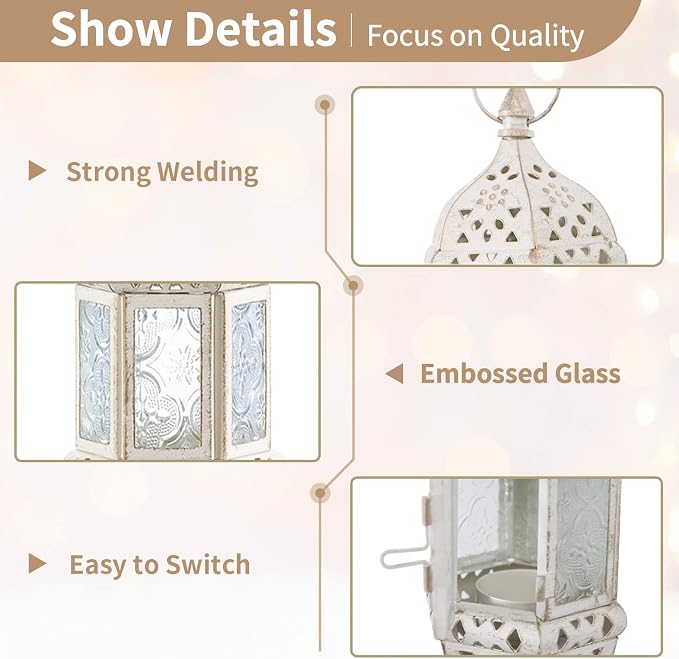 2 Pcs Moroccan Lantern Metalwork Hanging Tealight Candle Holder Metal Glass Indoor Outdoor Battery Operated LED Flameless with 35cm Chain, White