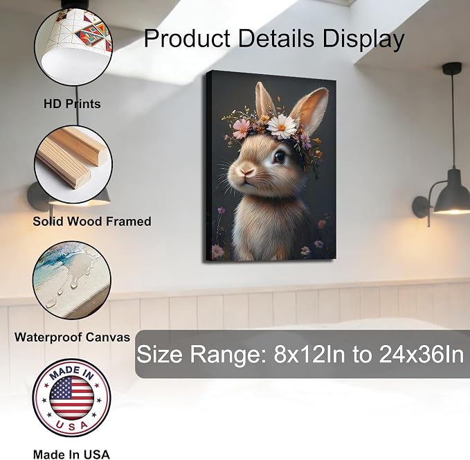 Easter Bunny with Flower Wreath Canvas Wall Art, Spring Animal Poster Prints for Nursery Wall Decor, Easter Rabbit Pictures for Living Room Bedroom Kid's Room Holiday Decoration