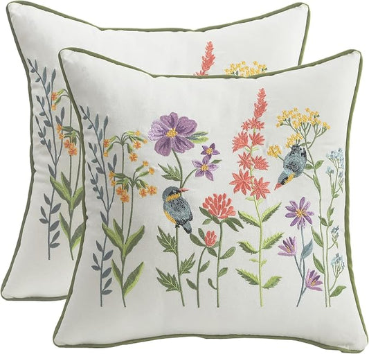 Embroidered Throw Pillow Covers 18x18 Pack of 2 Birds and Flowers | Durable Fabric,Square Pillow Cover,Boho Decorative,Hidden Zipper,Aesthetic Design,Ideal Gift,Machine Washable