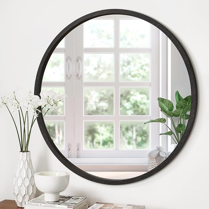 JJUUYOU Round Wall Mirror 20" Hanging Circle Mirror Round Mirrors for Bathroom Wooden Farmhouse Frame Mirrors for Bedroom Living Room or Entryway Wall Decorative