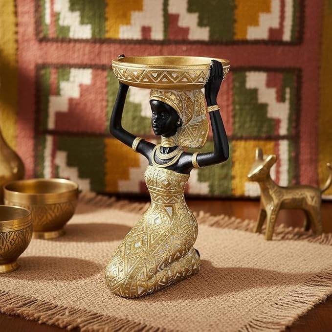 African Lady Figurine Candle Holder with African Tribal Totem for Wedding,Church,Holiday Decor-African Decorative Women Statues, Candlestick Holder for Home and Table Decor(753-Gold)