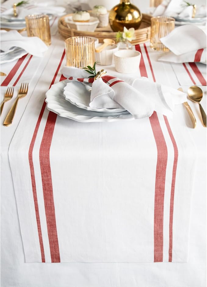 Solino Home 100% Pure Linen Table Runner, 14 x 144 in, Red and White Stripe | French Stripe, brings a tailored look to family meals and hosting, European flax fibres, machine washable, OEKO-TEX Certified