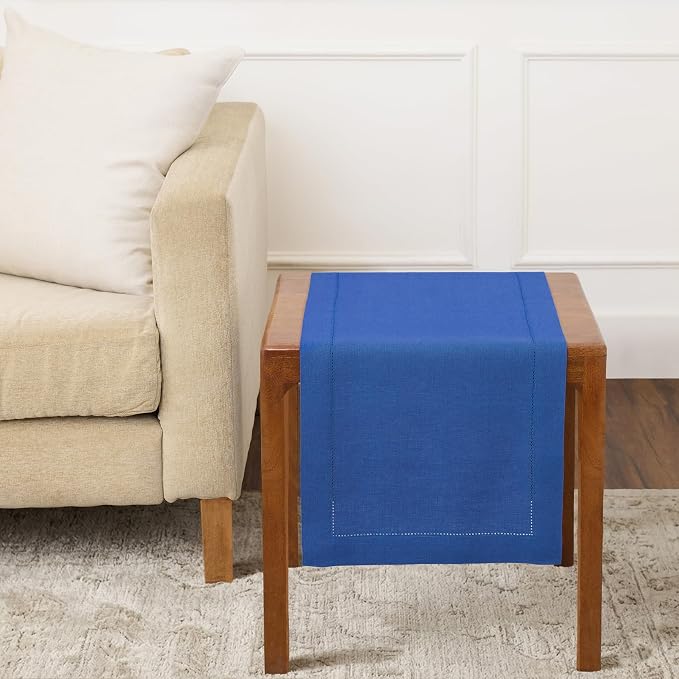 Solino Home 100% Pure Linen Table Runner Blue, Classic Hemstitch 14 x 36 in | styles dining tables for meals and celebrations, hemstitched border, mitered corners, soft to the touch, OEKO-TEX Certified