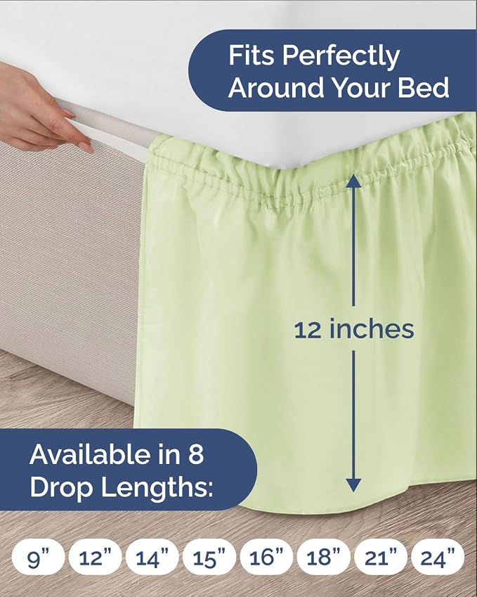 Wrap Around Dust Ruffle Bed Skirt - College Dorm Room - Twin/Twin XL | Light Sage Green, 12 Inch Drop, Elastic Strap & Adjustable Pleated Bedskirt, Wrinkle Free, for Women, Men, Students & Teens