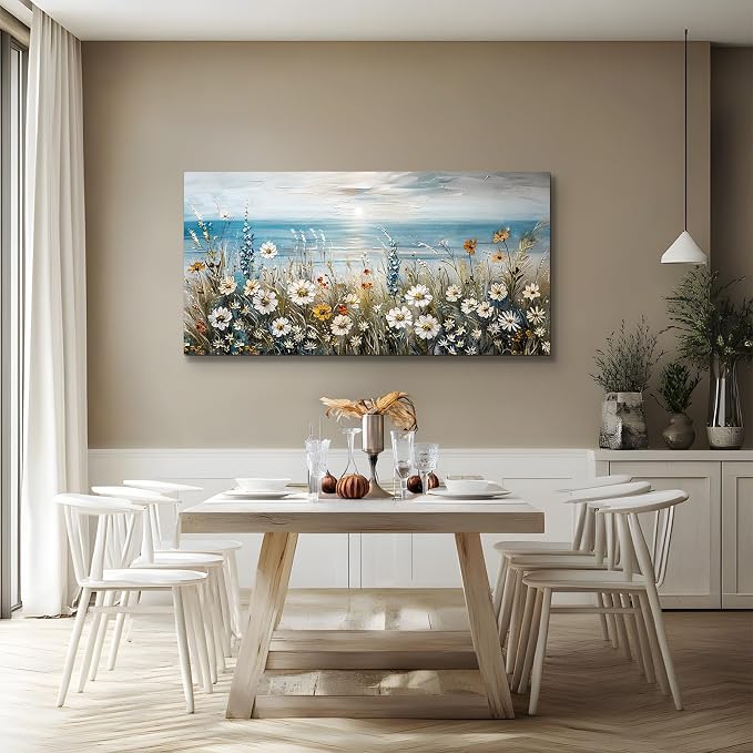 SERIMINO Large Coastal Landscape Wall Decor, Beach Daisy Canvas Art 29"X57" | Extra Large Farmhouse Wall Art, Daisy Wildflower Canvas Painting, Dining Room Decor, Gallery Wrapped, Fade-resistant Inks