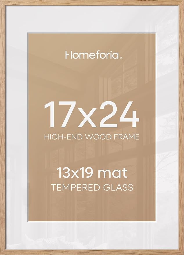 Homeforia 17x24 Natural Oak Picture Frame, High-End Wood, 13x19 Mat, Glass