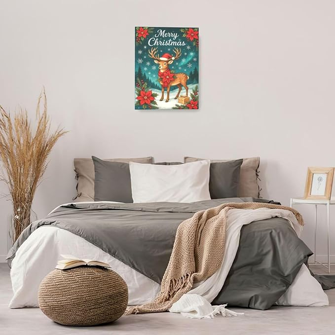Reindeer Merry Christmas Wall Art Winter Reindeer Deer Poinsettia Canvas Wall Decor Elk Pictures Painting Print Framed Artwork Decorations Gifts for Living Room Bedroom Office 16"x20"