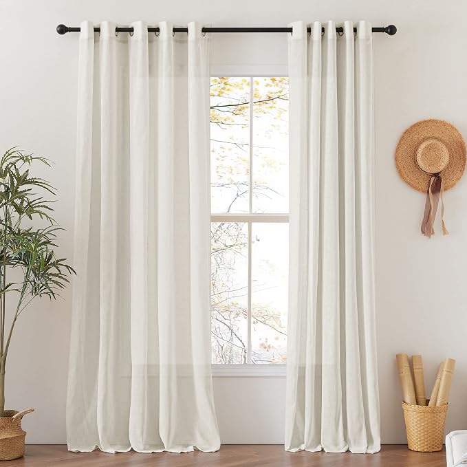 NICETOWN Natural Linen Curtains 96 inch Long, Grommet Semi Sheer Linen Burlap Vertical Drapes with Light Filtering Privacy Window Treatments for Farmhouse/French Door, 140" W Total 2 Panels